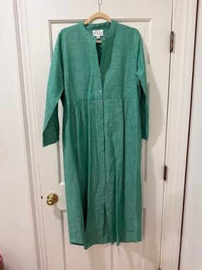 Pomander Place Teal-Green Button Front Long Sleeve Midi Dress